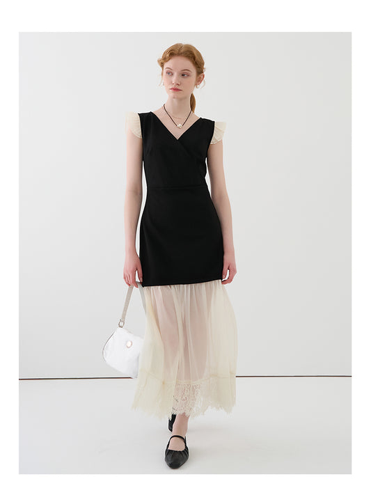 V-Neck Mini Dress With Sheer Hem And Flutter Sleeves