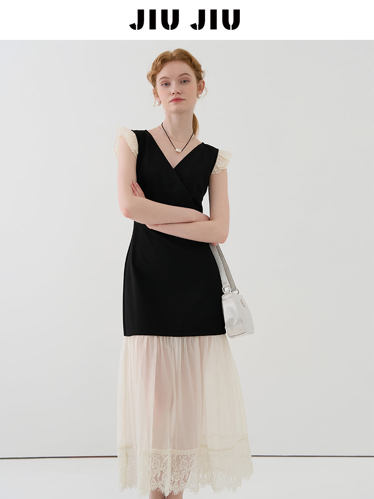 V-Neck Mini Dress With Sheer Hem And Flutter Sleeves