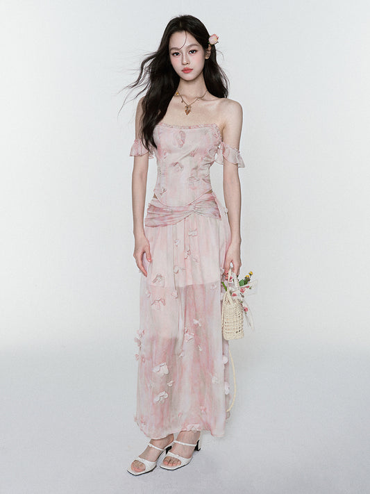 Gradient Floral Flutter-Sleeve Top & Sheer Maxi Skirt