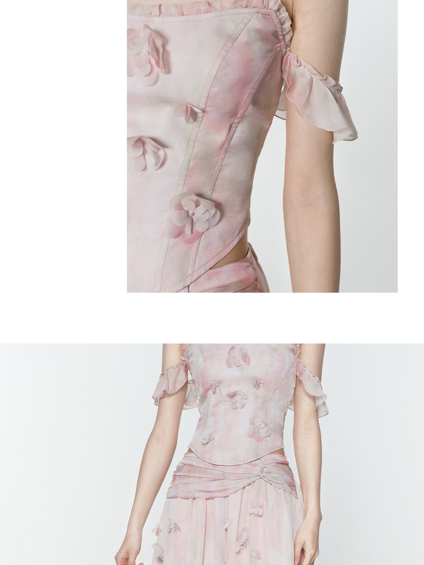 Gradient Floral Flutter-Sleeve Top & Sheer Maxi Skirt