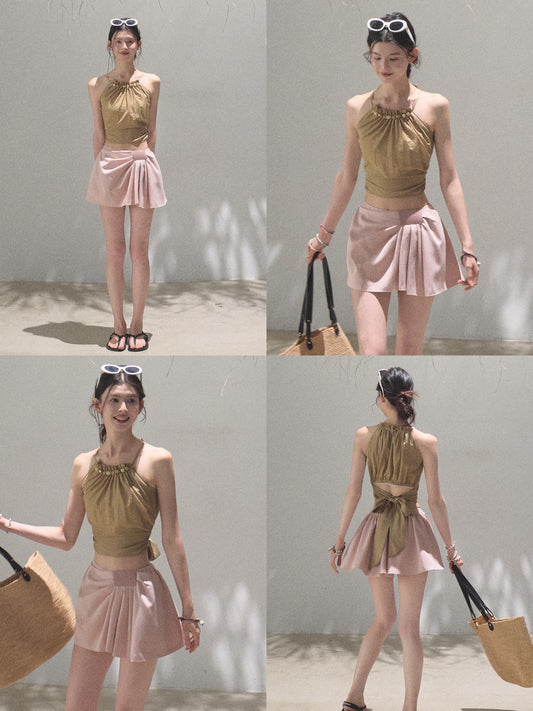 Beaded Halter Top With Wide Back Ribbon