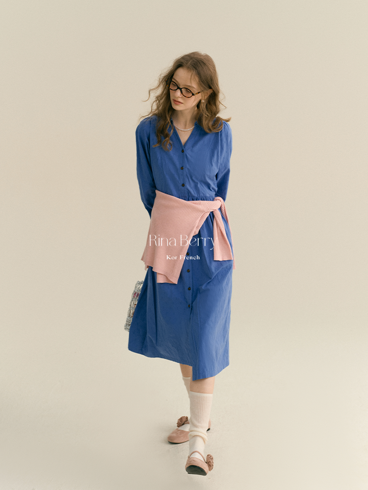 High-Waisted V-Neck Button-Up Shirt Dress