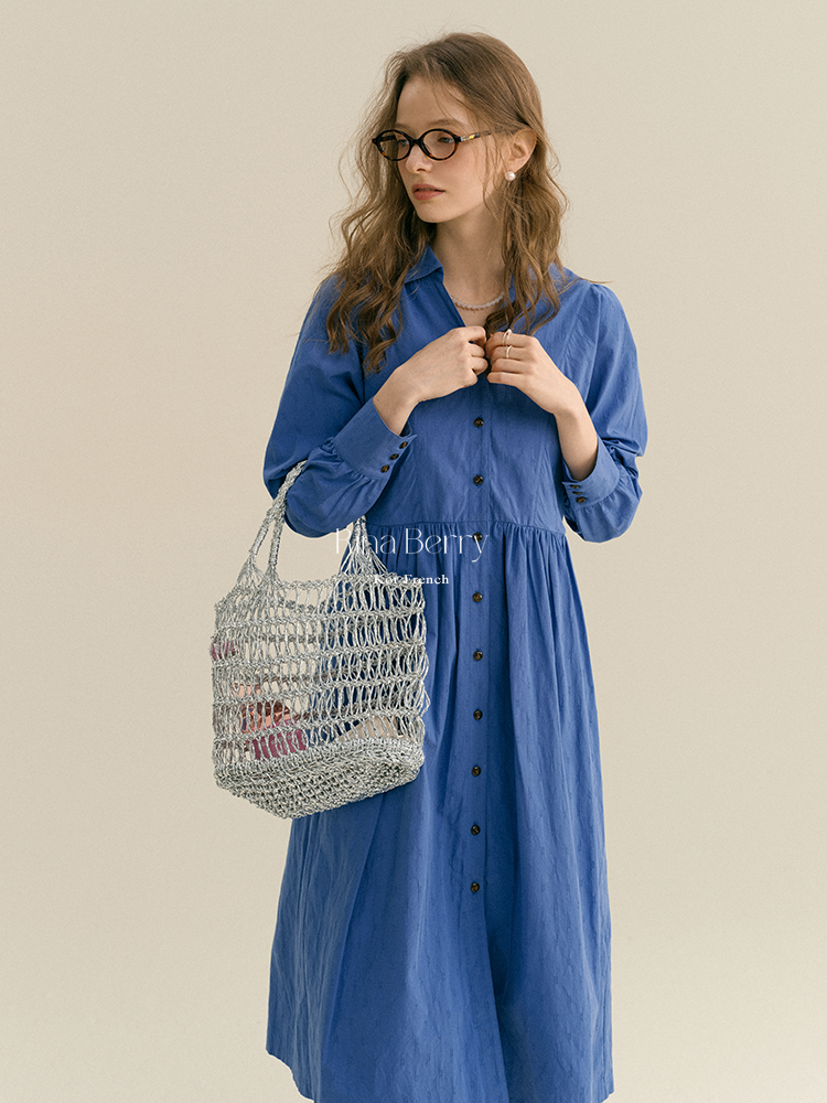 High-Waisted V-Neck Button-Up Shirt Dress