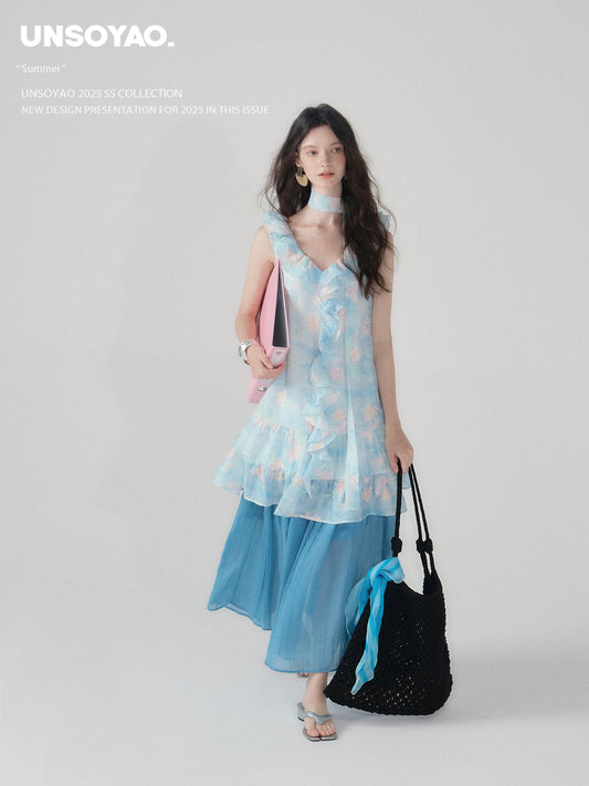 Floral Embroidered Ruffled Dress & Crinkled Skirt