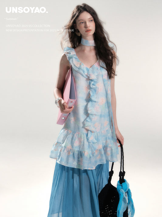 Floral Embroidered Ruffled Dress & Crinkled Skirt