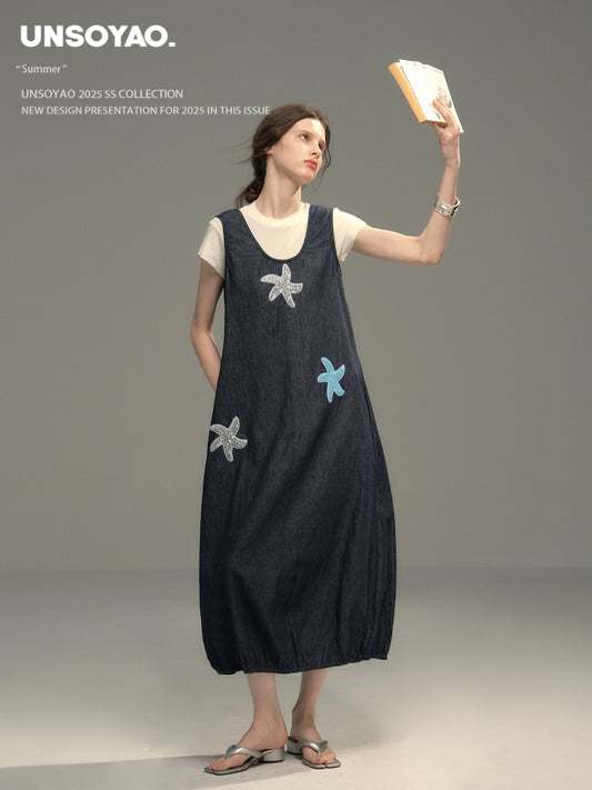 Sequin Starfish Pinafore Denim Dress