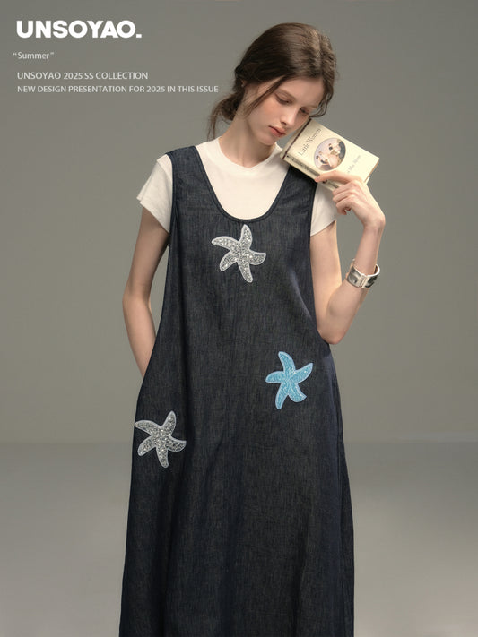Sequin Starfish Pinafore Denim Dress