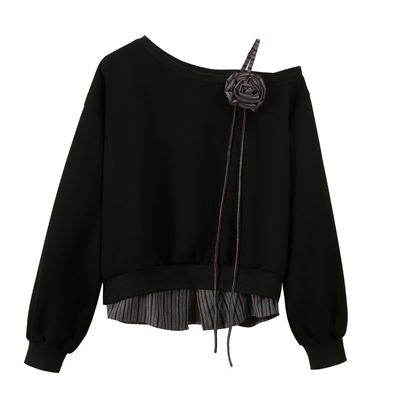 One Shoulder Layered Sweatshirt With Striped Hem & Corsage
