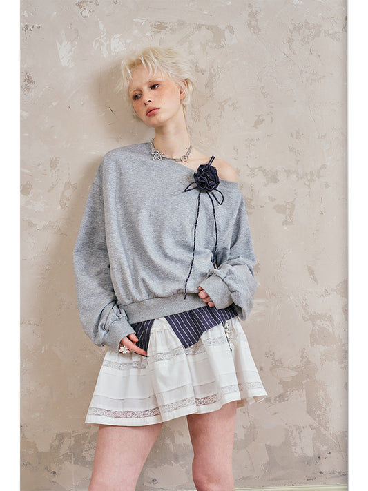 One Shoulder Layered Sweatshirt With Striped Hem & Corsage