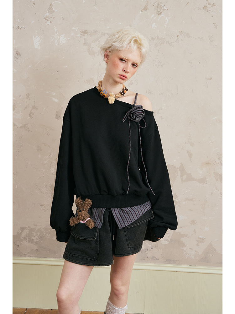 One Shoulder Layered Sweatshirt With Striped Hem & Corsage