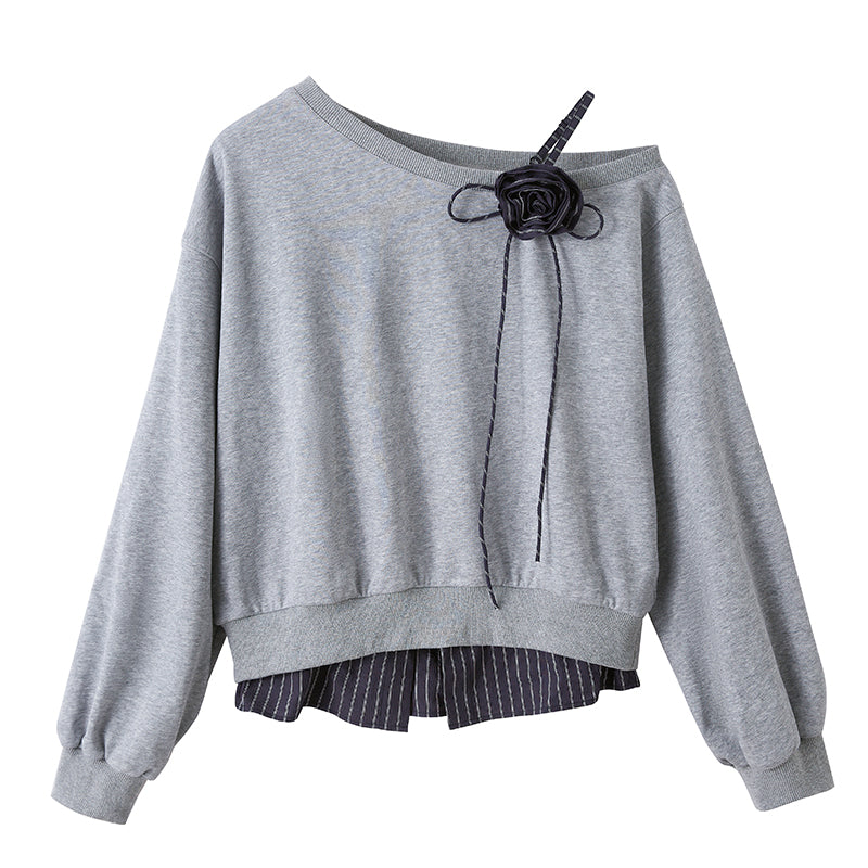 One Shoulder Layered Sweatshirt With Striped Hem & Corsage