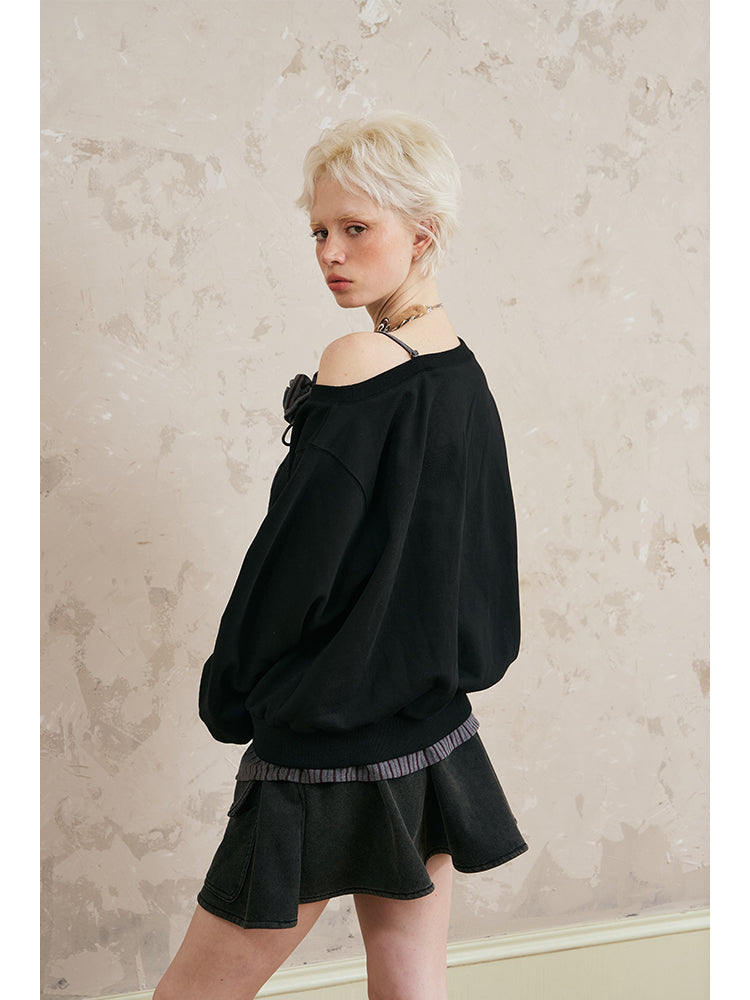 One Shoulder Layered Sweatshirt With Striped Hem & Corsage