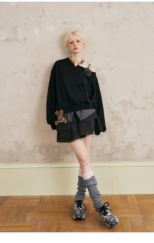 One Shoulder Layered Sweatshirt With Striped Hem & Corsage