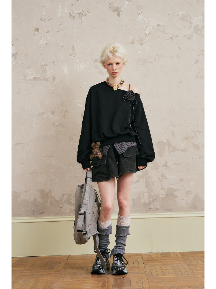 One Shoulder Layered Sweatshirt With Striped Hem & Corsage