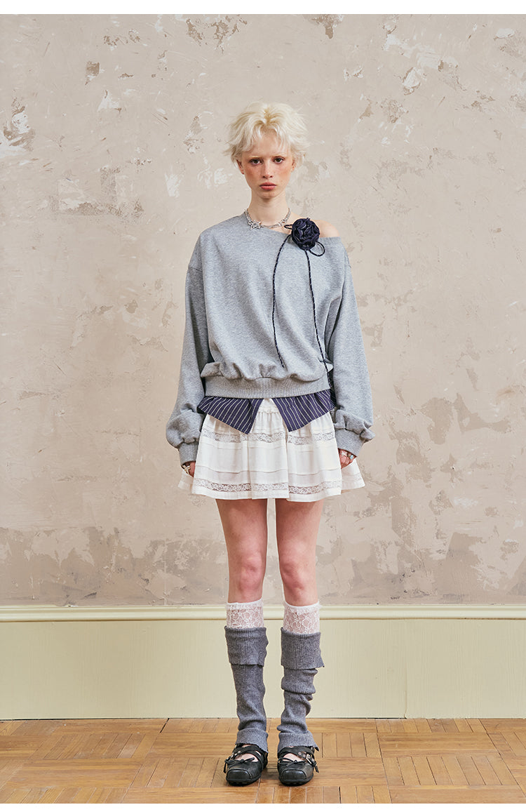 One Shoulder Layered Sweatshirt With Striped Hem & Corsage