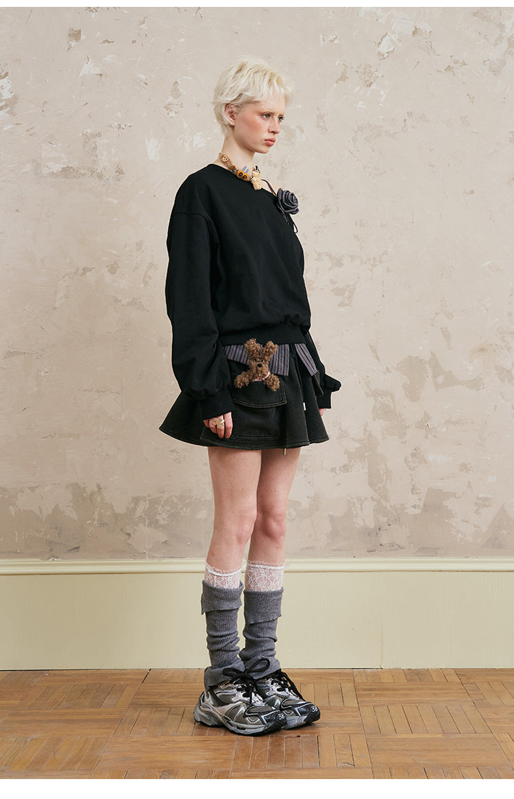 One Shoulder Layered Sweatshirt With Striped Hem & Corsage