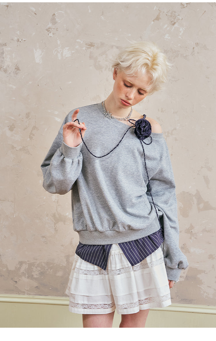 One Shoulder Layered Sweatshirt With Striped Hem & Corsage