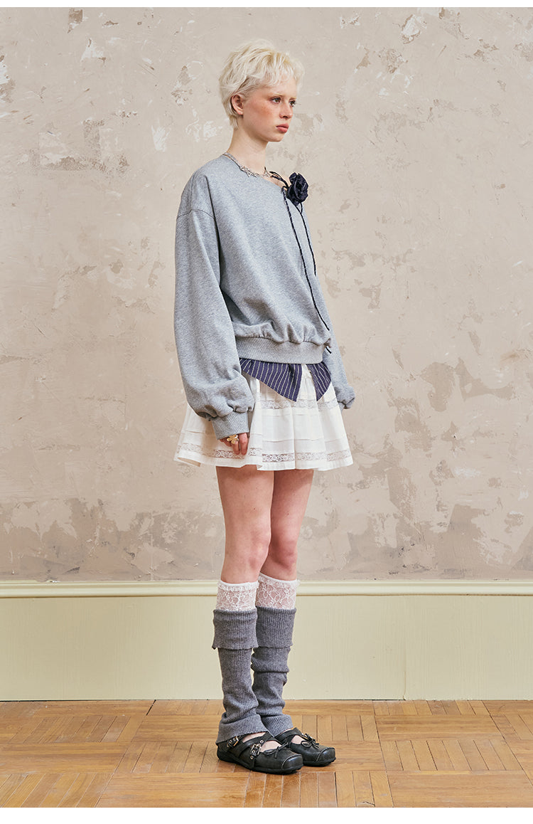 One Shoulder Layered Sweatshirt With Striped Hem & Corsage
