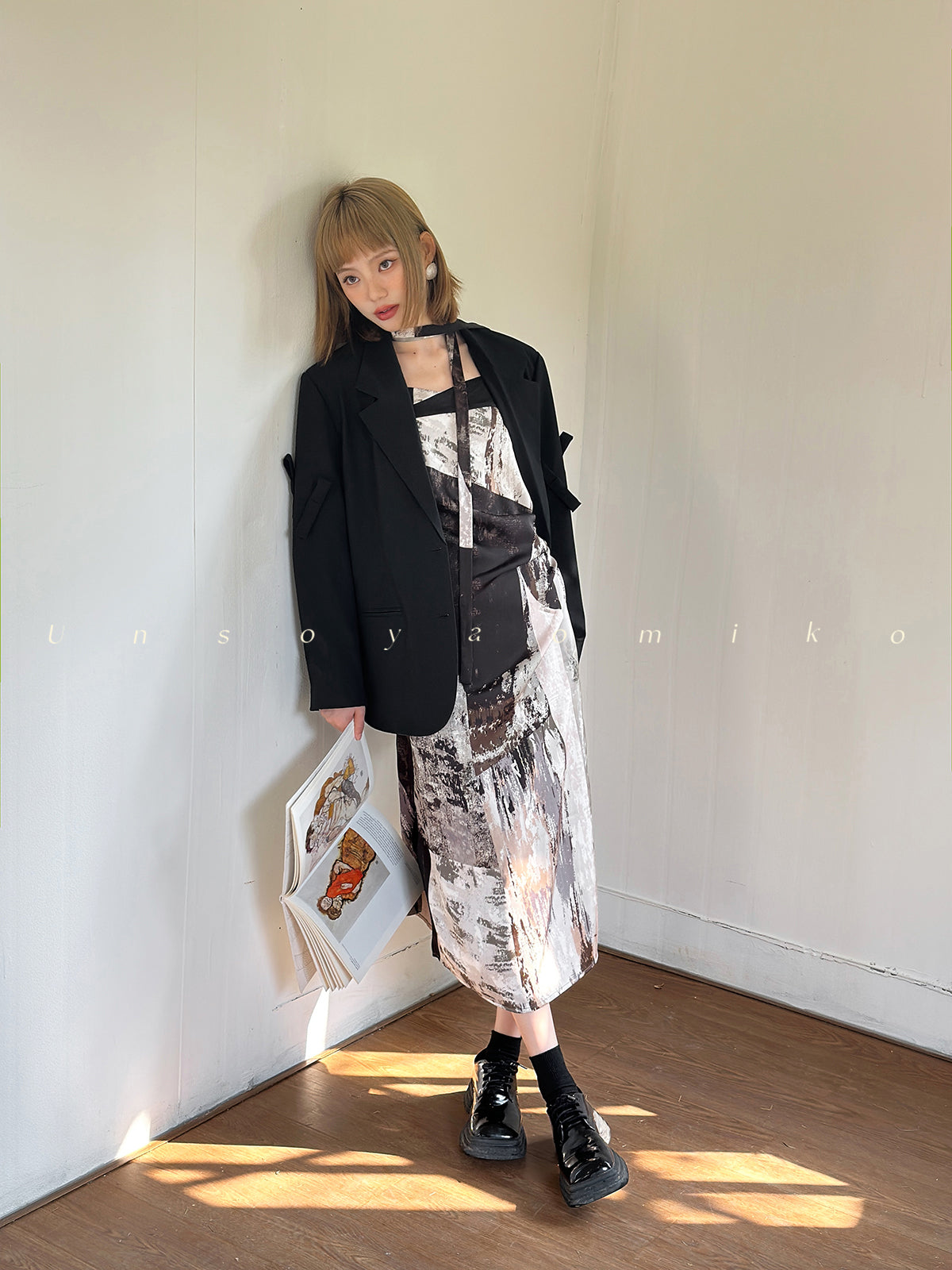 Abstract Print Draped Cami Dress With Scarf