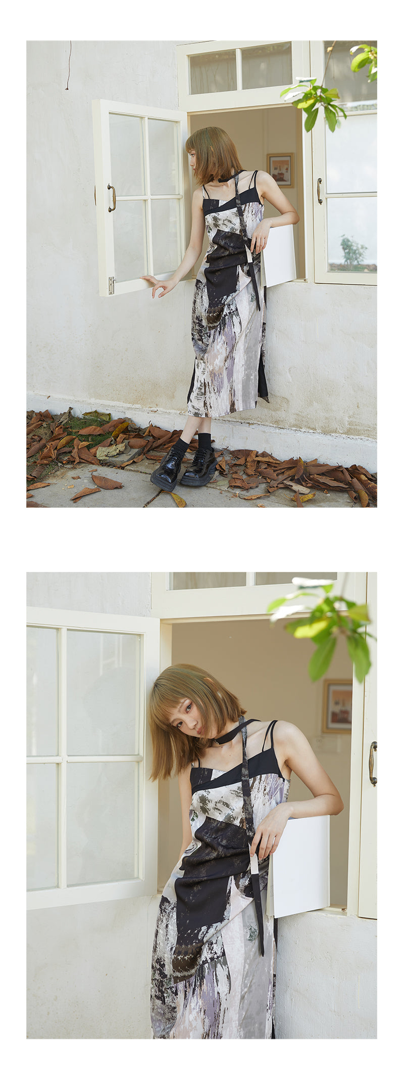 Abstract Print Draped Cami Dress With Scarf