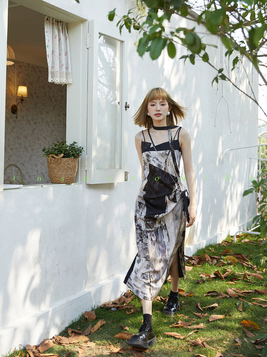 Abstract Print Draped Cami Dress With Scarf