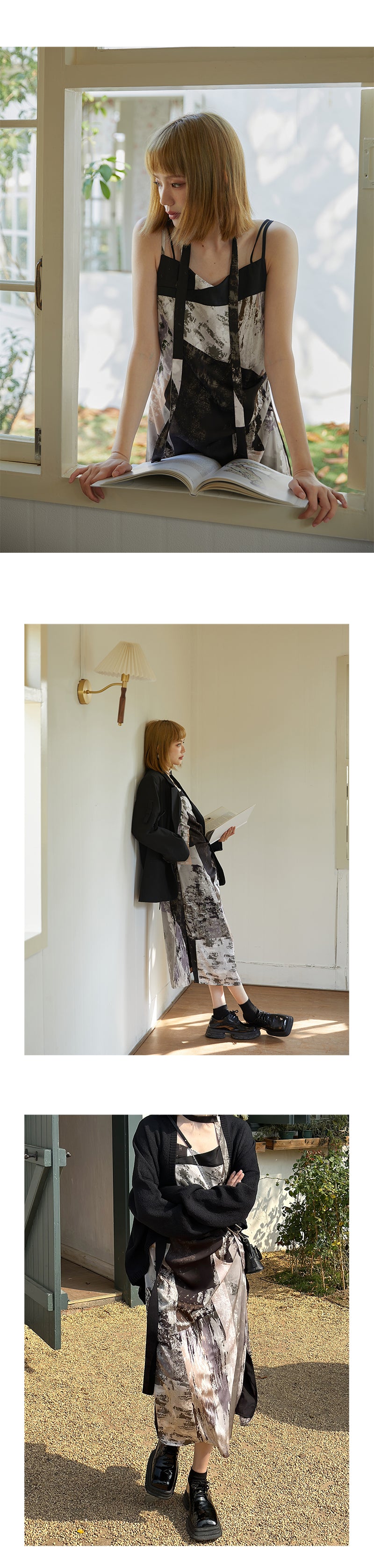 Abstract Print Draped Cami Dress With Scarf