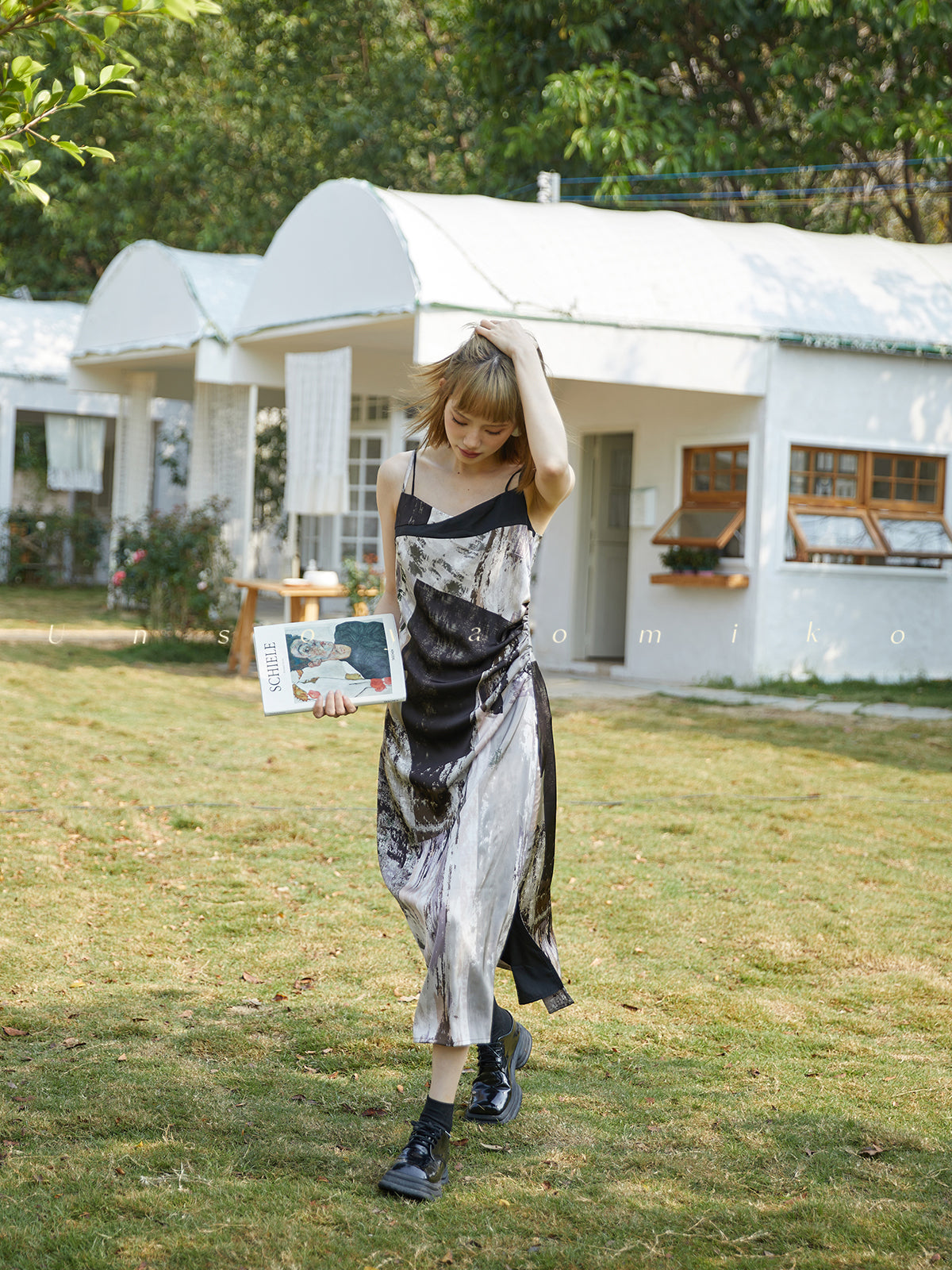 Abstract Print Draped Cami Dress With Scarf
