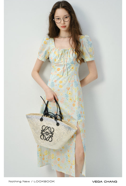 Floral Puff-Sleeve Side-Slit Dress
