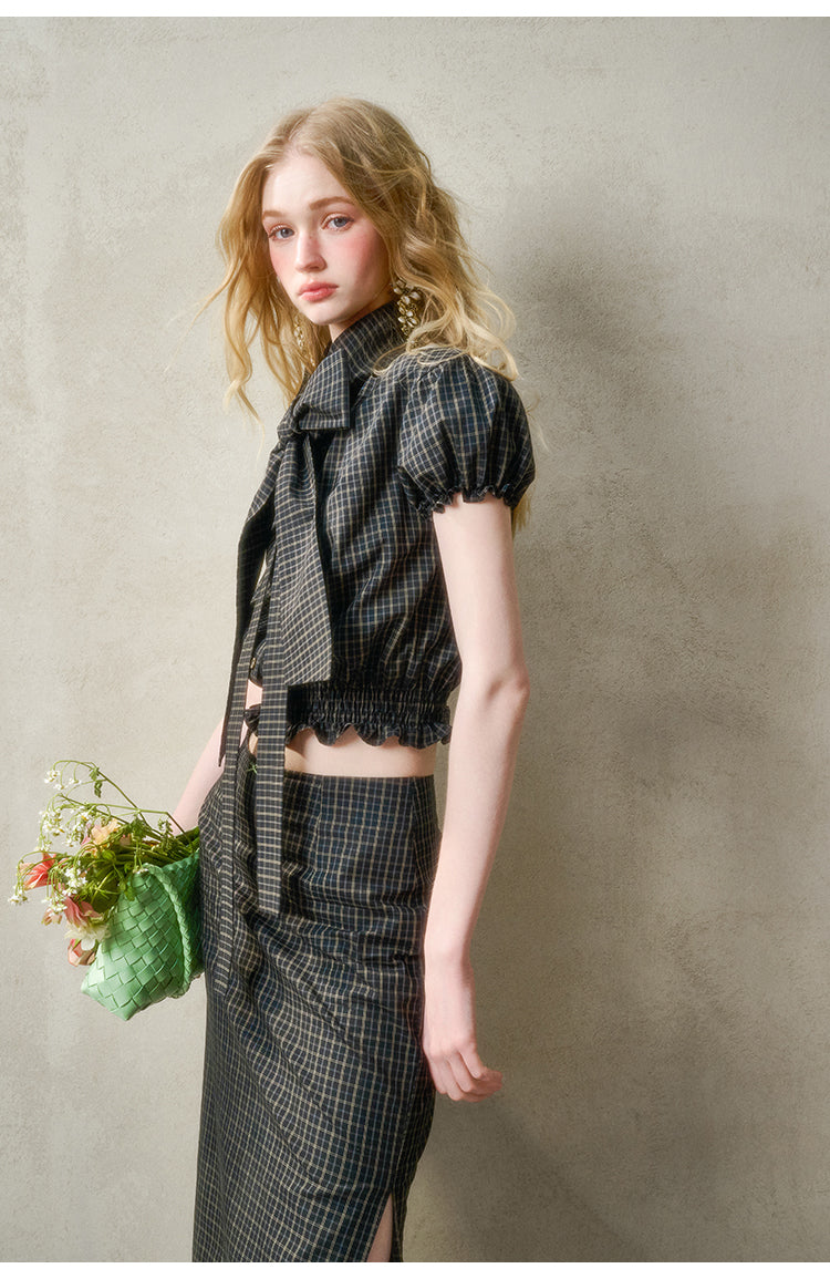 Plaid Puffy Top With Large Tie & Lace-Trimmed Slit Skirt