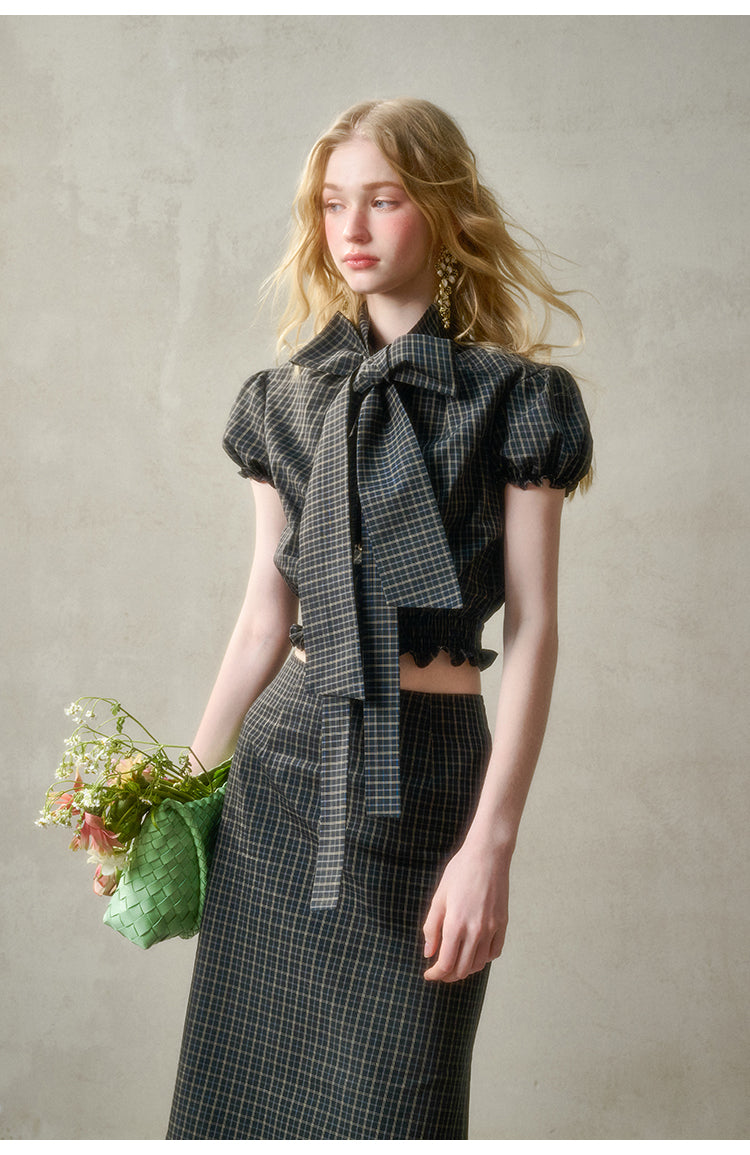 Plaid Puffy Top With Large Tie & Lace-Trimmed Slit Skirt