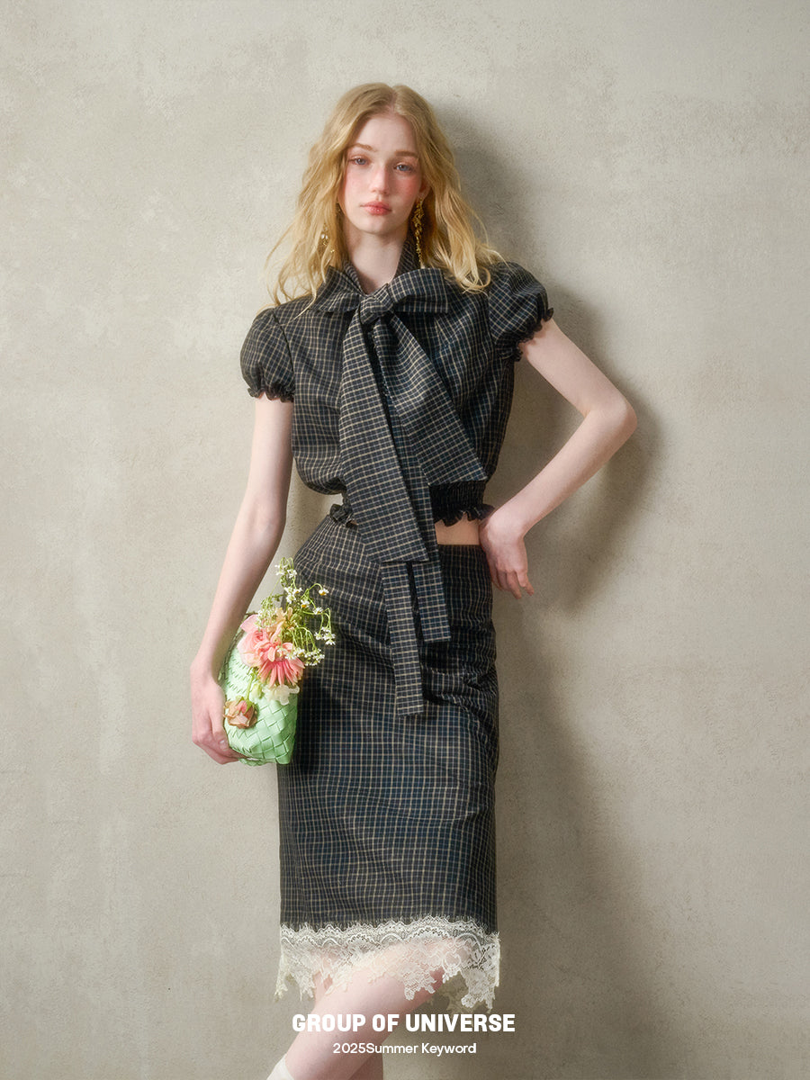 Plaid Puffy Top With Large Tie & Lace-Trimmed Slit Skirt