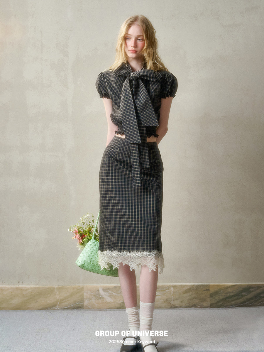 Plaid Puffy Top With Large Tie & Lace-Trimmed Slit Skirt