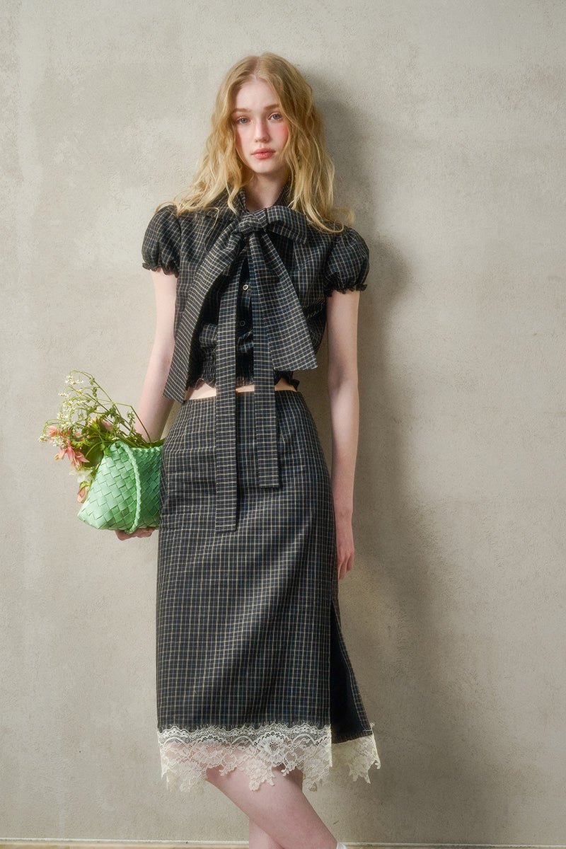 Plaid Puffy Top With Large Tie & Lace-Trimmed Slit Skirt