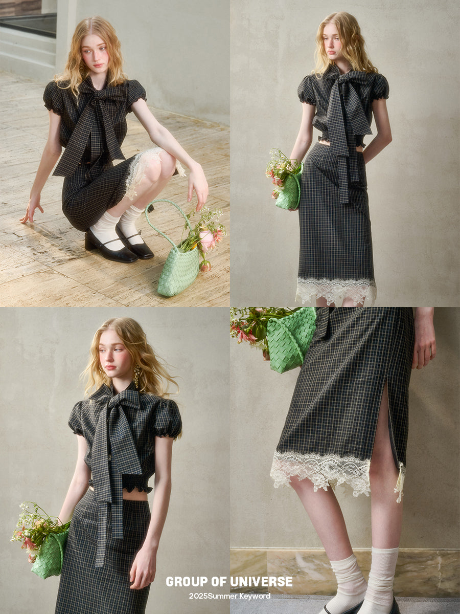 Plaid Puffy Top With Large Tie & Lace-Trimmed Slit Skirt