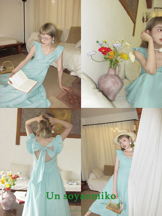 Flutter Sleeve Ribbon-Back Dress