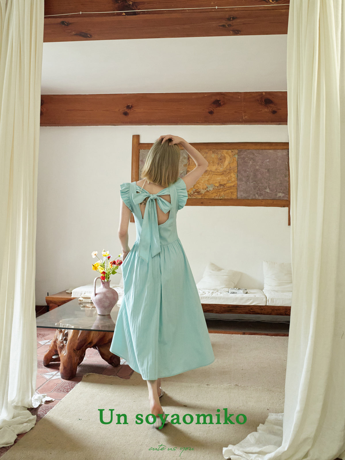Flutter Sleeve Ribbon-Back Dress