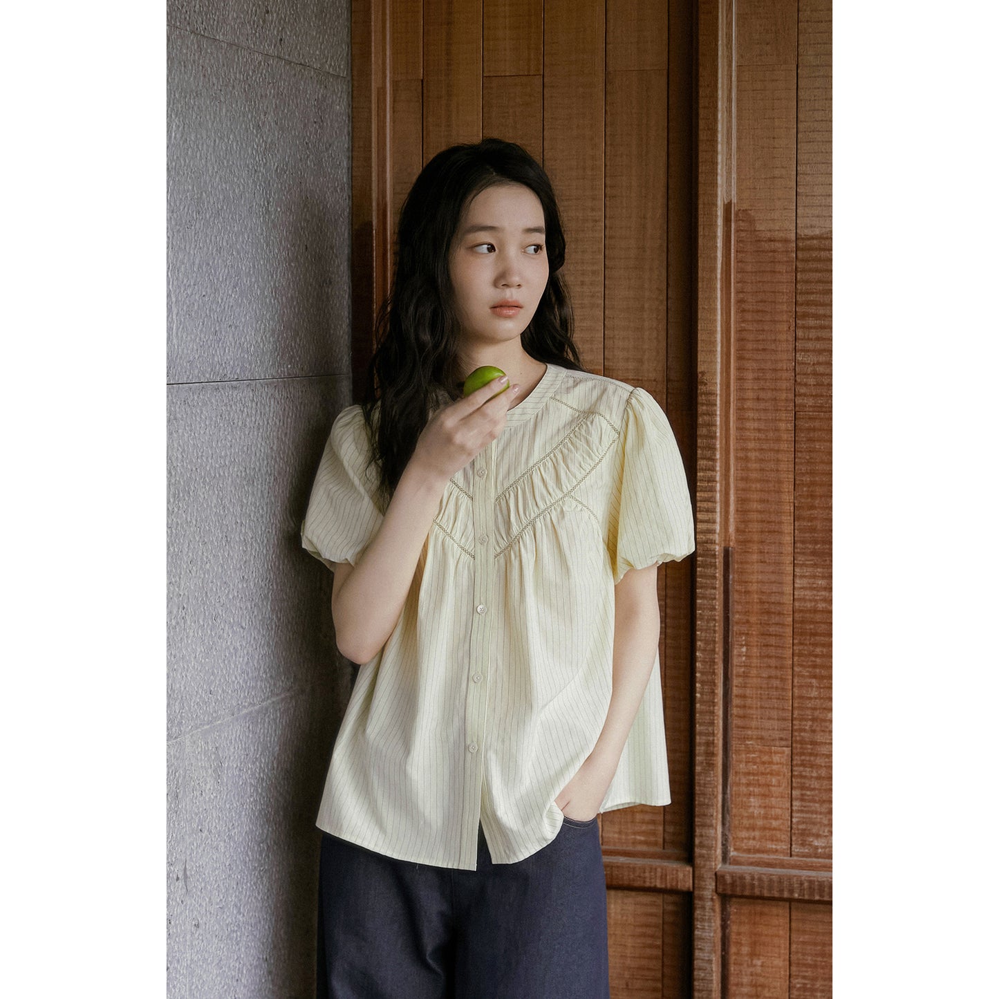 V-Gather Yoke Striped Blouse With Bubble Sleeves