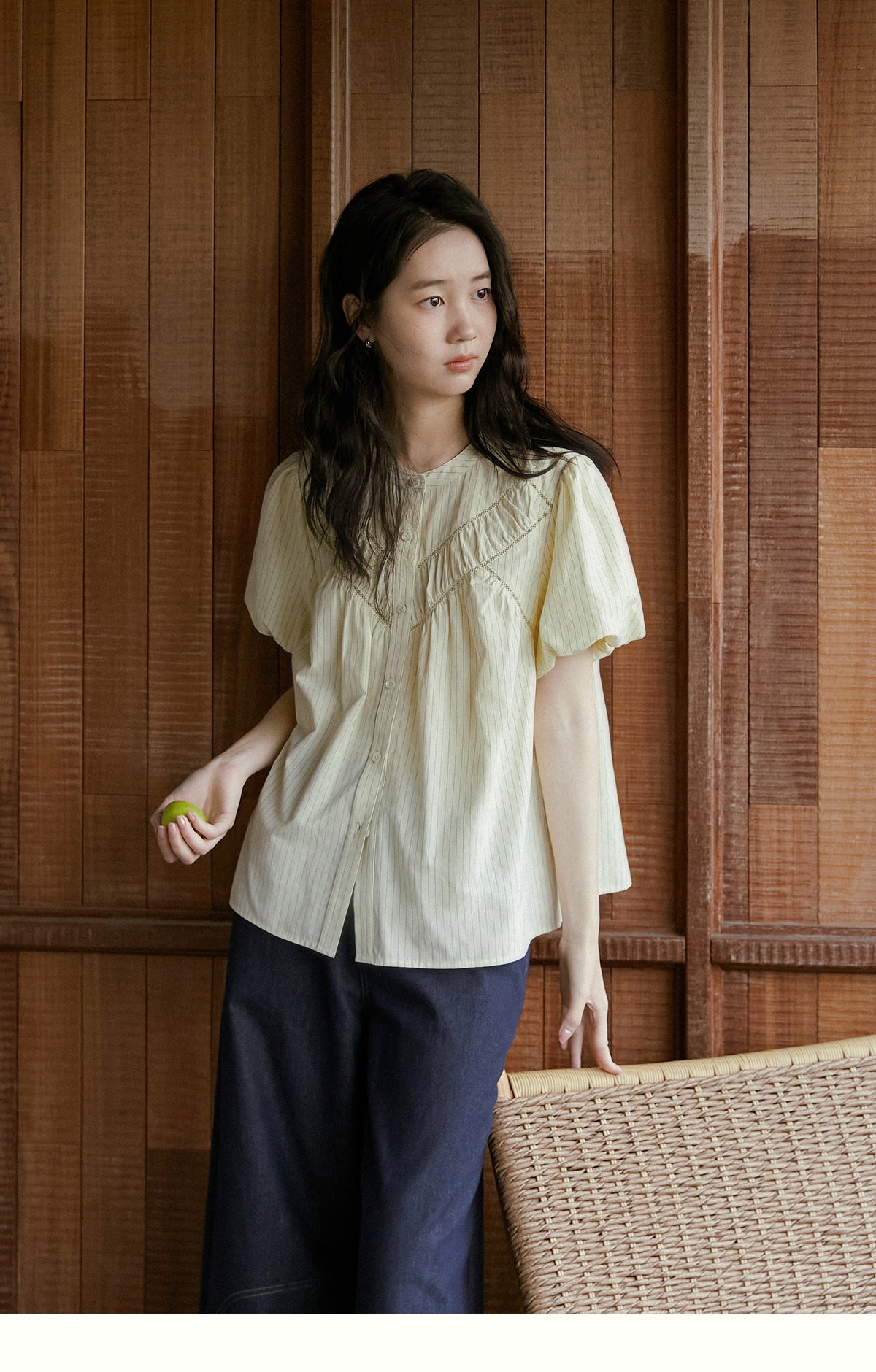 V-Gather Yoke Striped Blouse With Bubble Sleeves
