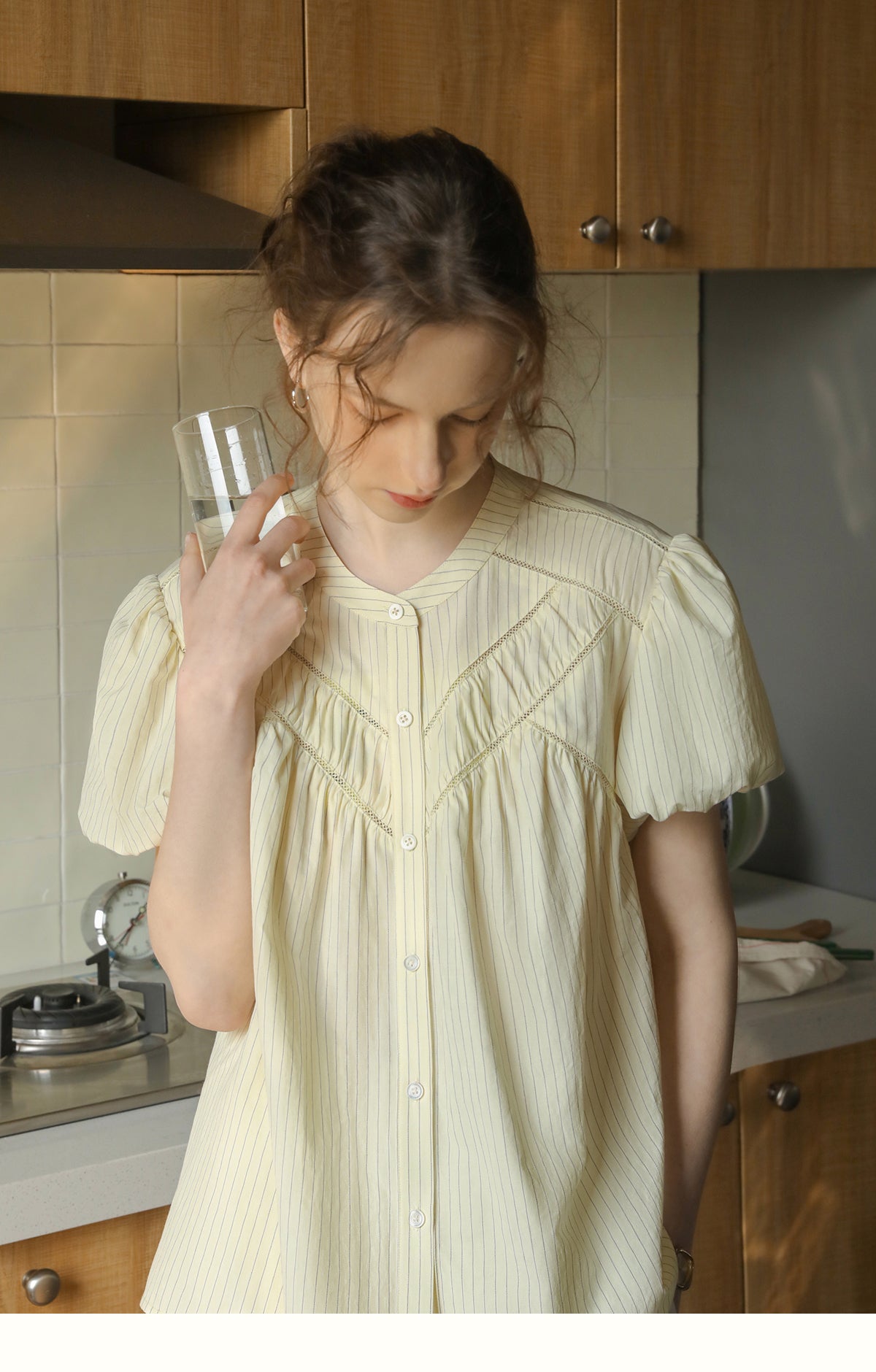 V-Gather Yoke Striped Blouse With Bubble Sleeves