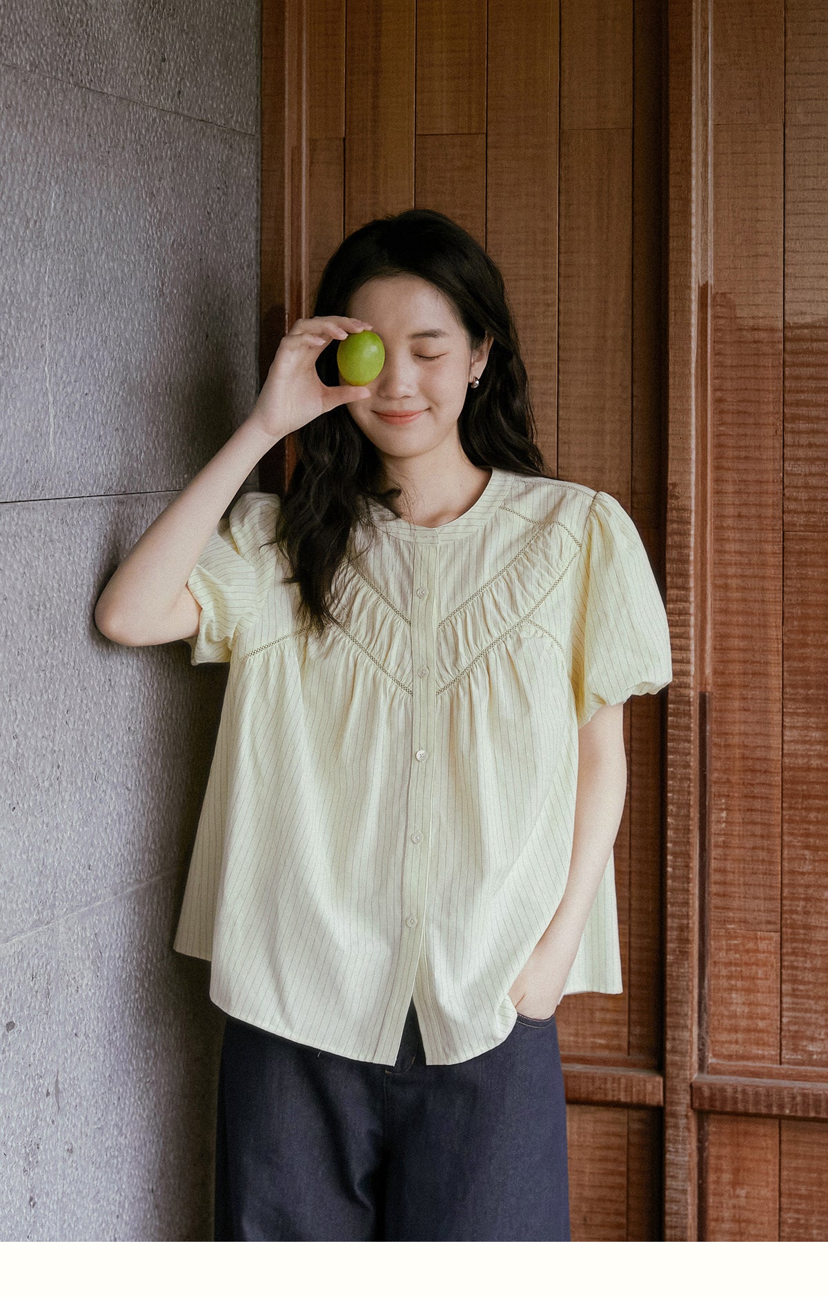 V-Gather Yoke Striped Blouse With Bubble Sleeves