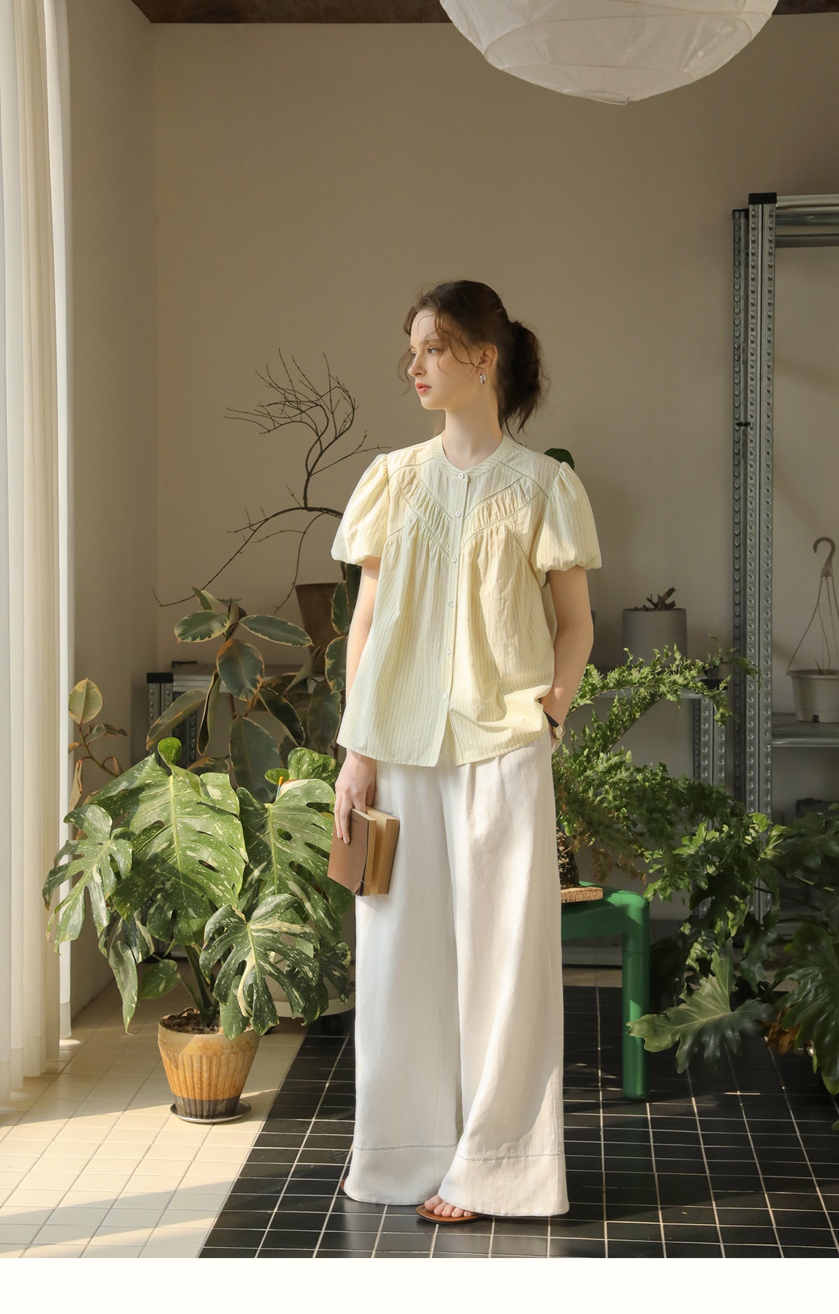 V-Gather Yoke Striped Blouse With Bubble Sleeves