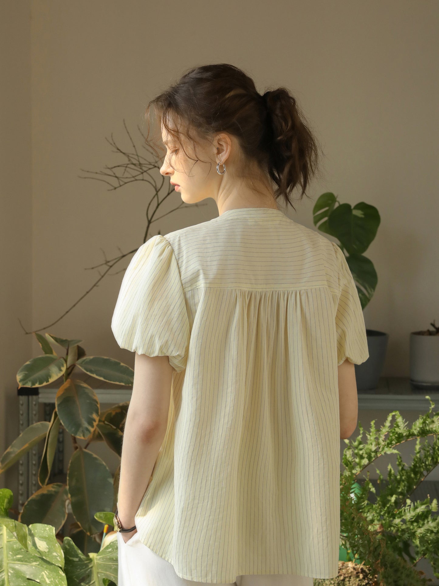 V-Gather Yoke Striped Blouse With Bubble Sleeves