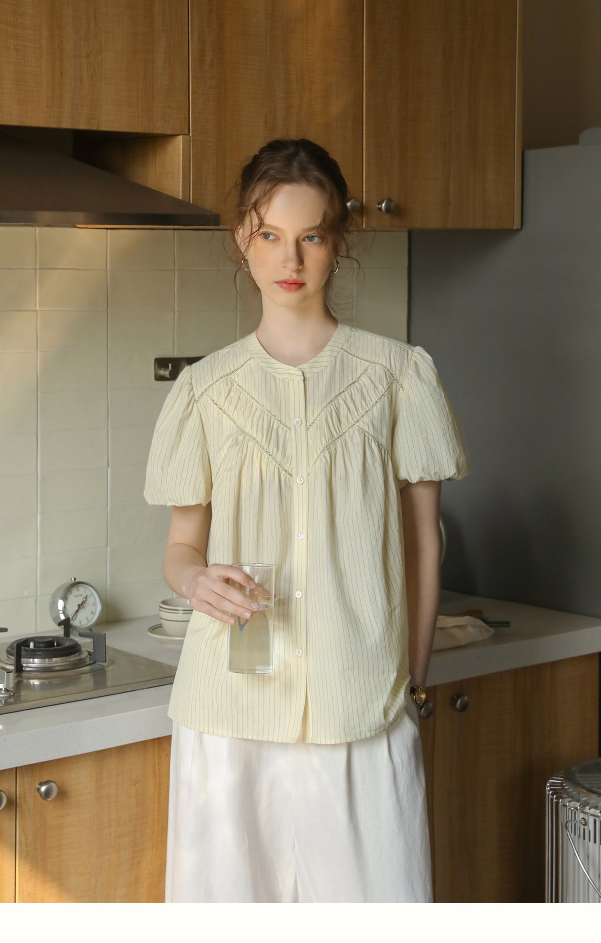 V-Gather Yoke Striped Blouse With Bubble Sleeves