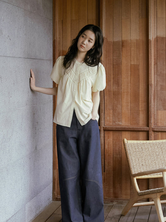 V-Gather Yoke Striped Blouse With Bubble Sleeves