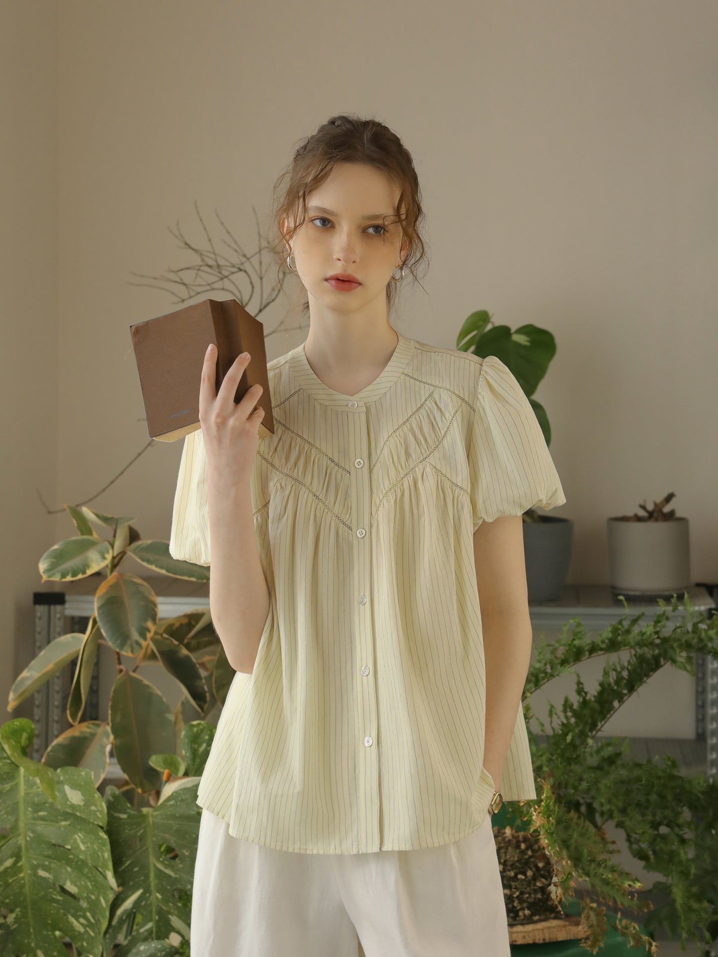 V-Gather Yoke Striped Blouse With Bubble Sleeves