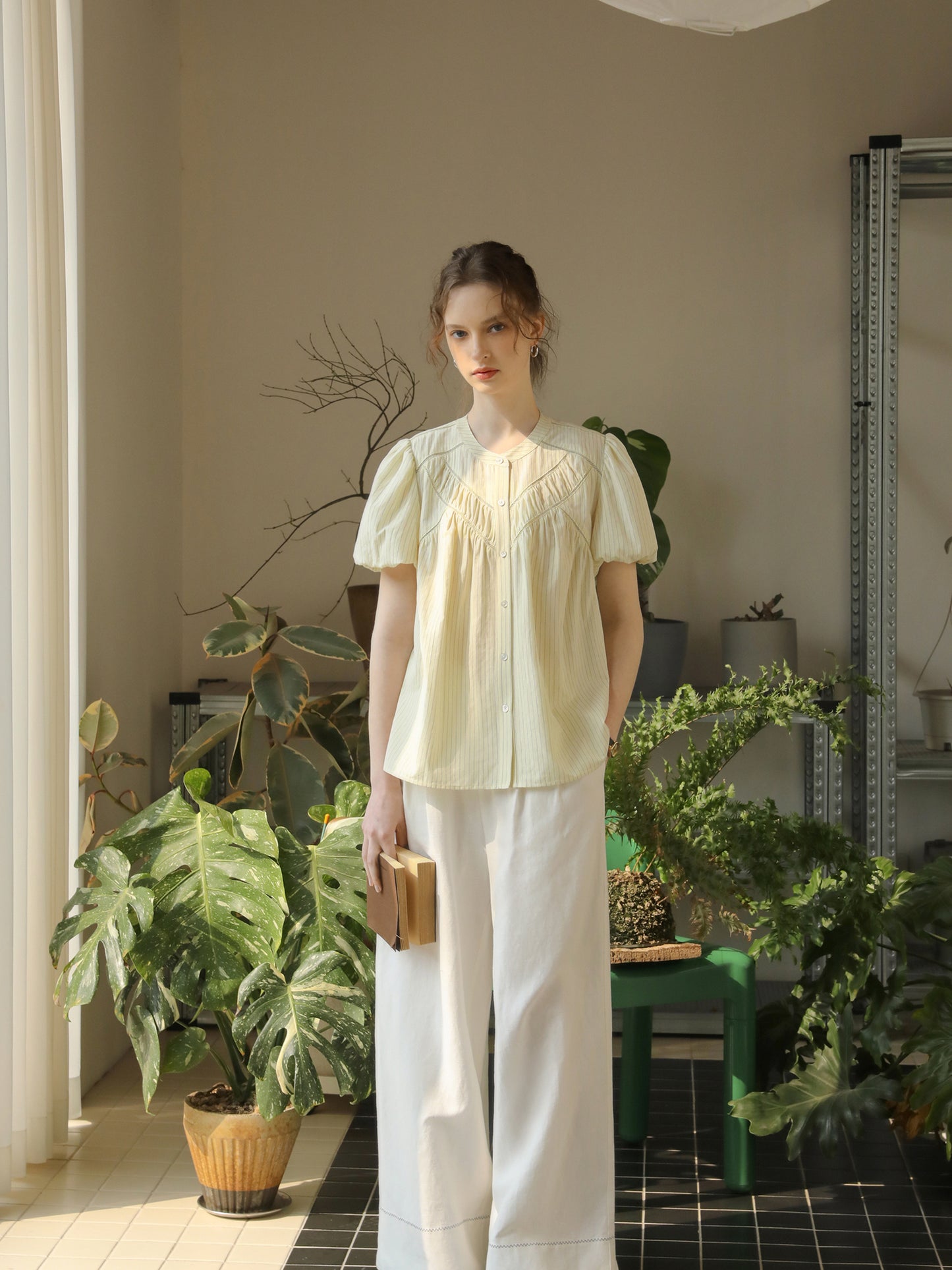 V-Gather Yoke Striped Blouse With Bubble Sleeves