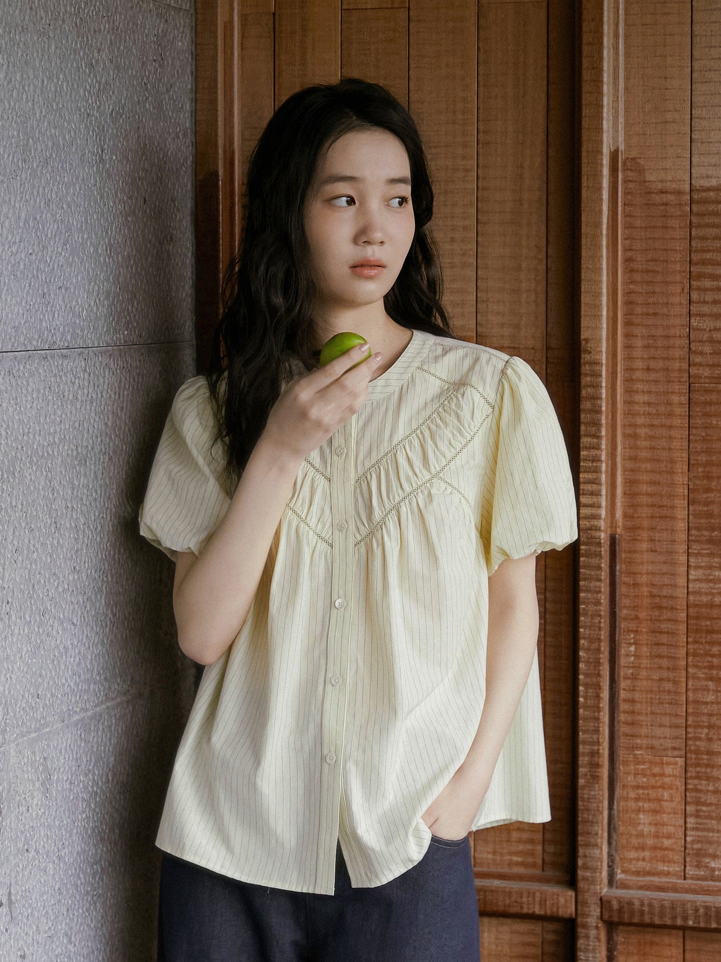 V-Gather Yoke Striped Blouse With Bubble Sleeves