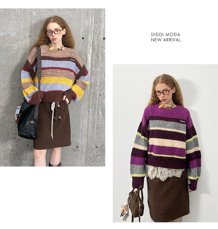 Oversized Multi-Color Striped Wool Blend Sweater