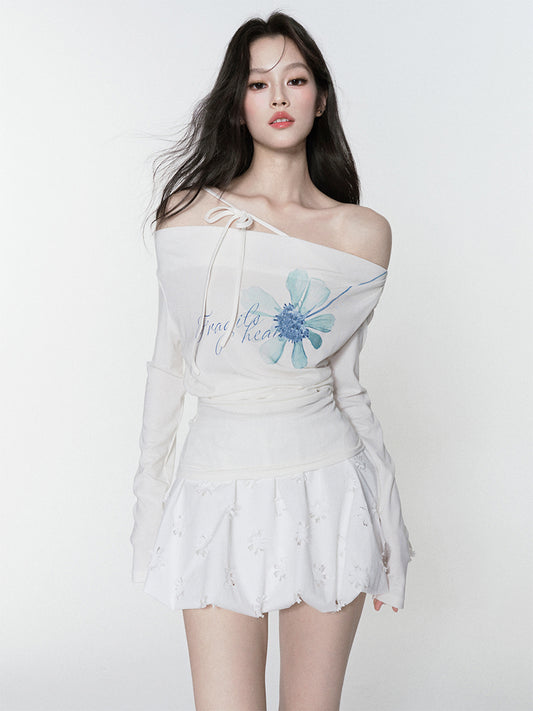 Off-Shoulder Floral Top With One-Shoulder Strap
