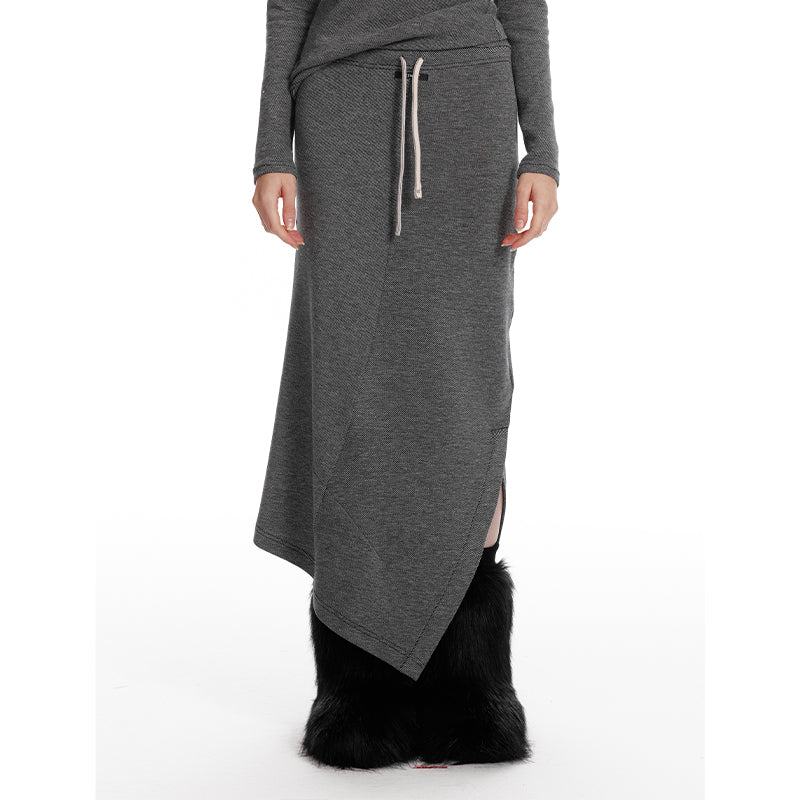 Slim Fit Hooded Half-Button Top / Slit Skirt